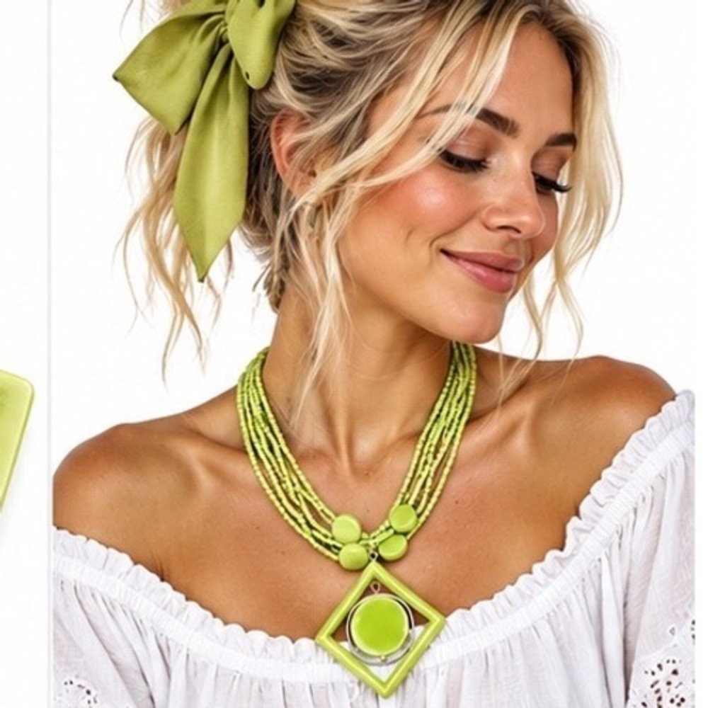 Seed Bead Festival Necklace Geometric Spinner Pendant Layered lime green